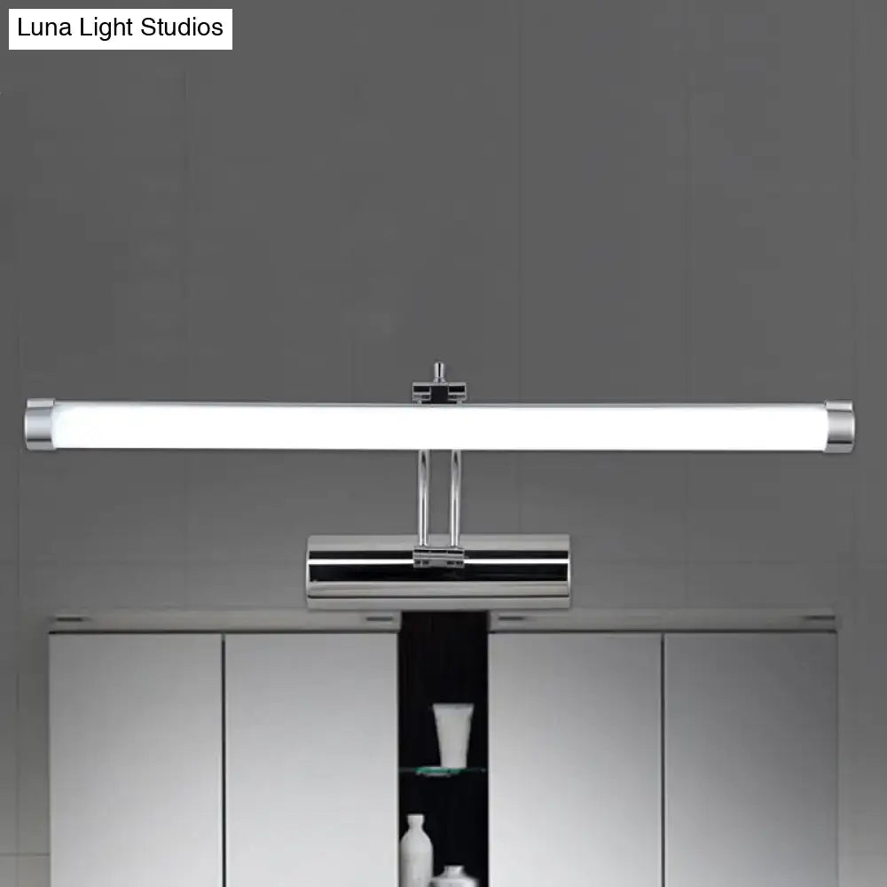 Decorbites chrome tube vanity light with frosted white tube, mounted over white cabinet vanity on Tampa Home & Garden Store
