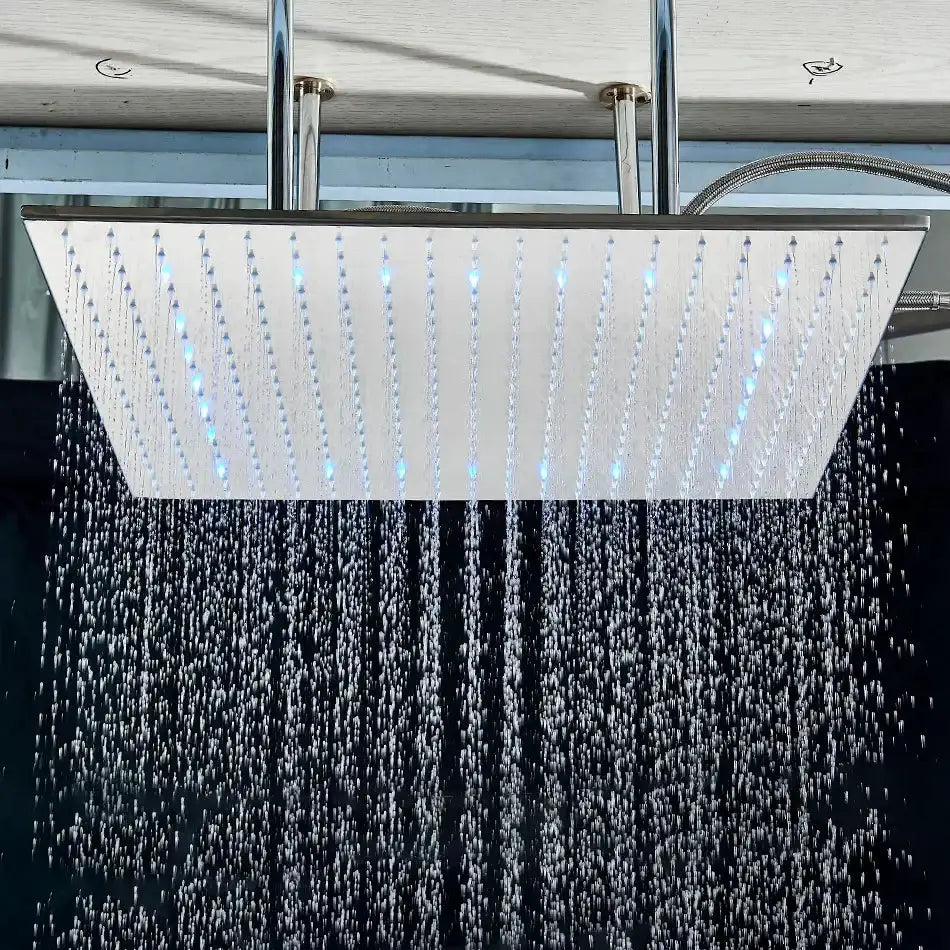 Modern chrome rain shower head, ceiling-mounted square design with blue accents Decorbites on Tampa Home & Garden Store