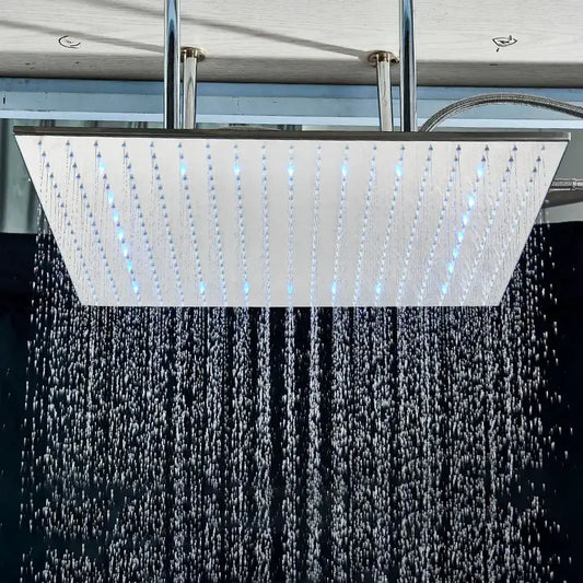 Modern chrome rain shower head, ceiling-mounted square design with blue accents Decorbites on Tampa Home & Garden Store