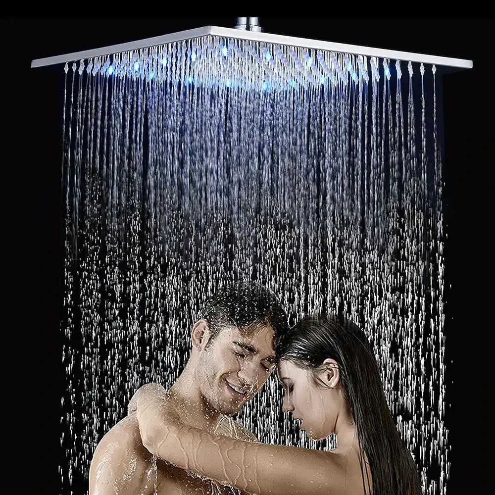 Modern chrome LED rainfall shower head with color-changing light, Decorbites bathroom fixture on Tampa Home & Garden Store