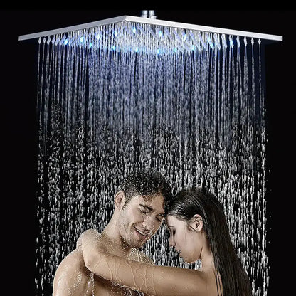 Modern chrome LED rainfall shower head with color-changing light, Decorbites bathroom fixture on Tampa Home & Garden Store
