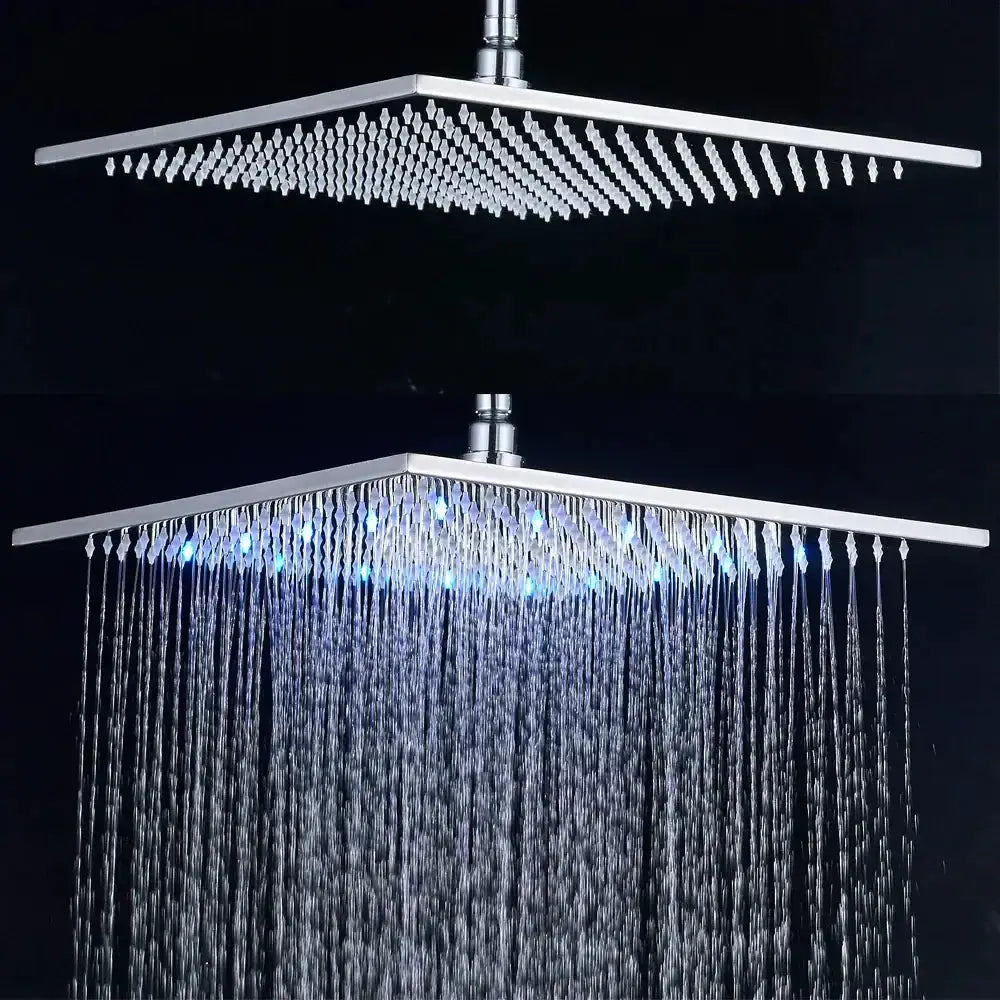 Decorbites modern chrome LED rainfall shower head with color-changing lights on Tampa Home & Garden Store