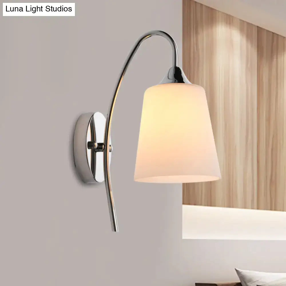Chrome milky-glass wall sconce with curved arm and round backplate, Decorbites on Tampa Home & Garden Store