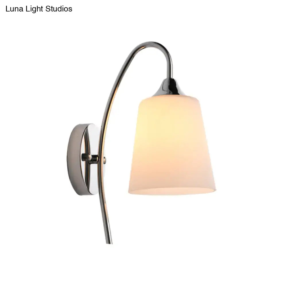 Chrome Milky Glass Wall Sconce with curved arm and round backplate by Decorbites on Tampa Home & Garden Store