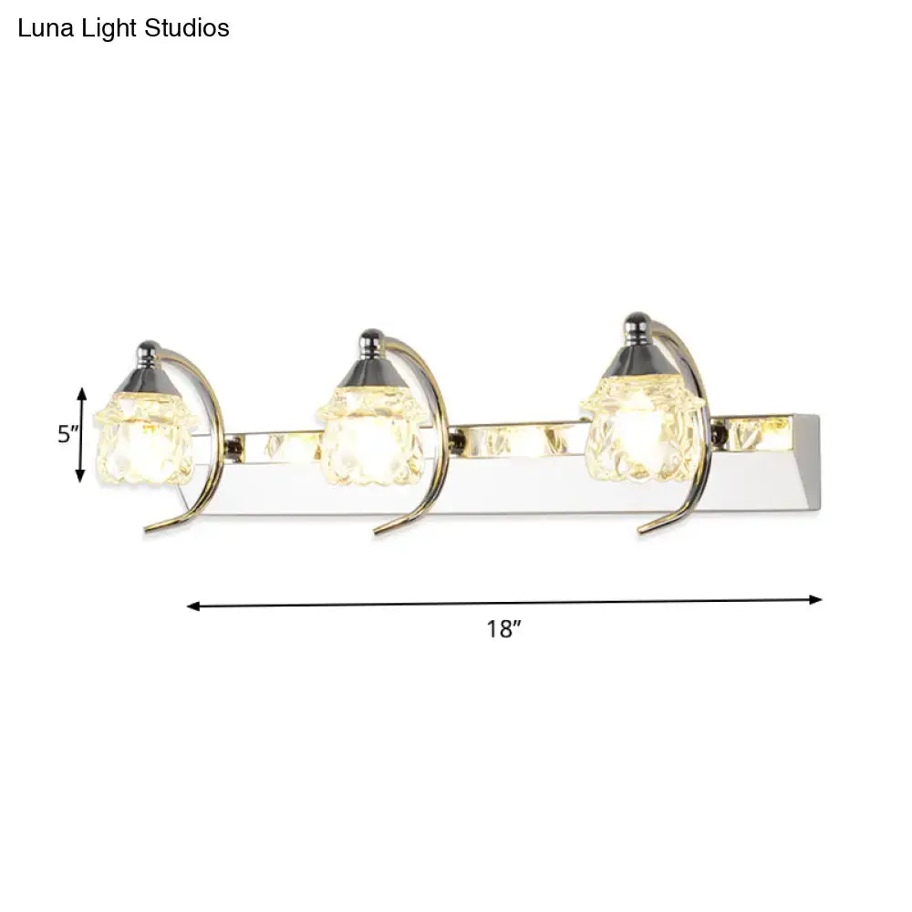 Chrome crystal vanity light three-light fixture with warm white glow, 18in long on Tampa Home & Garden Store