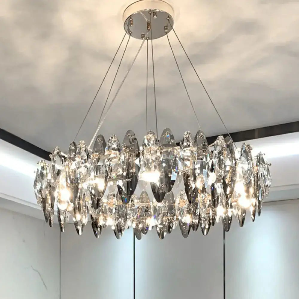 Chrome Clear Crystal Chandelier with cascading crystal prisms and round chrome canopy on Tampa Home & Garden Store