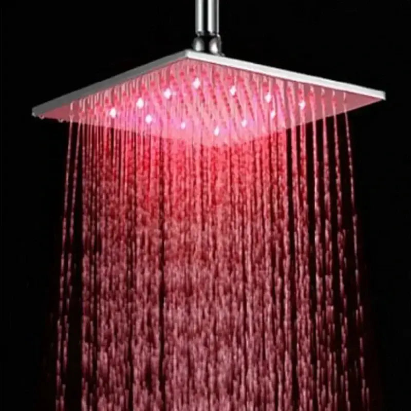 Modern chrome square LED rain shower head Decorbites, ceiling mount with pink LED lights on Tampa Home & Garden Store