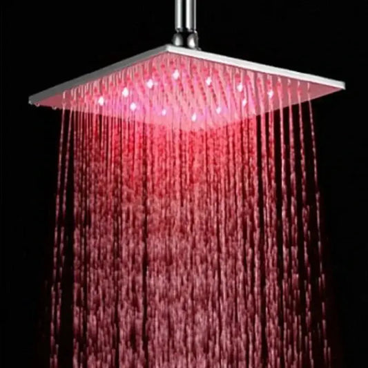Modern chrome square LED rain shower head Decorbites, ceiling mount with pink LED lights on Tampa Home & Garden Store