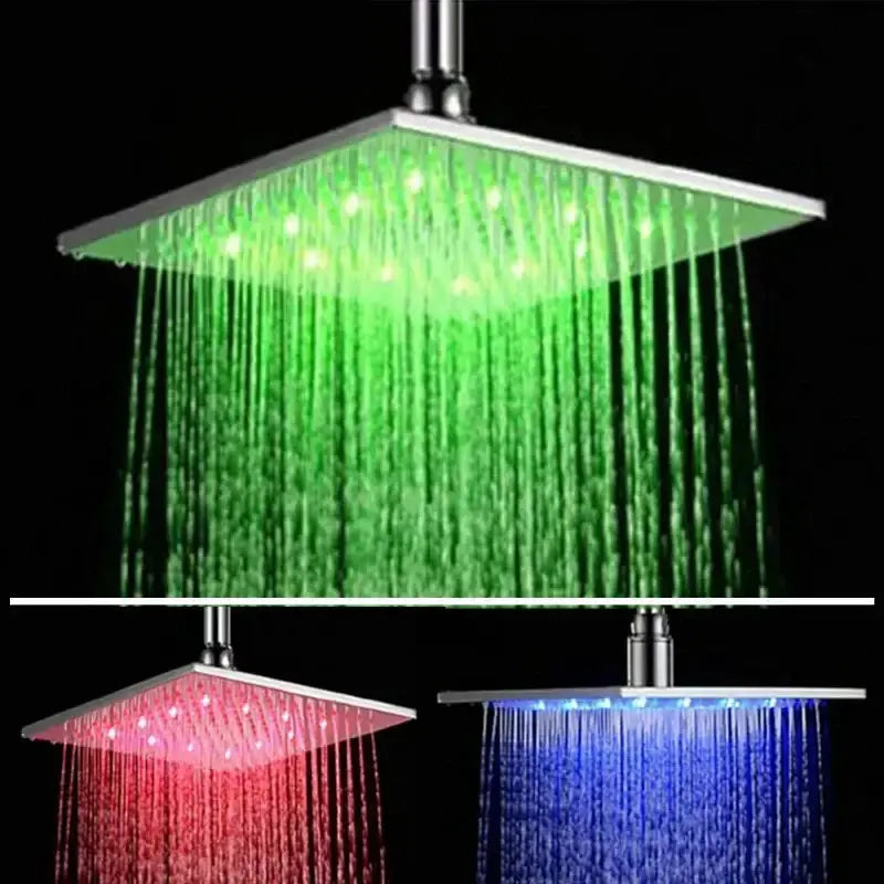 Decorbites chrome square LED rain shower head set with three color LEDs: green, red, blue on Tampa Home & Garden Store