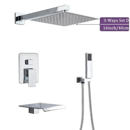 4-piece chrome square shower faucet set with rainfall head, handheld shower, tub spout on Tampa Home & Garden Store