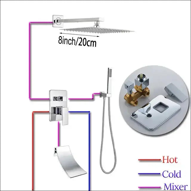 Modern chrome square shower faucet set by Decorbites with 8in rain showerhead and handheld spray on Tampa Home & Garden Store