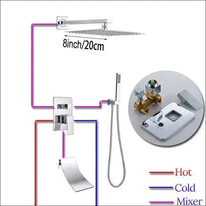 Modern chrome square shower faucet set by Decorbites with 8in rain showerhead and handheld spray on Tampa Home & Garden Store