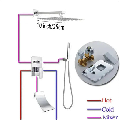 Modern chrome square shower faucet set by Decorbites with 10in rainhead and handheld shower on Tampa Home & Garden Store