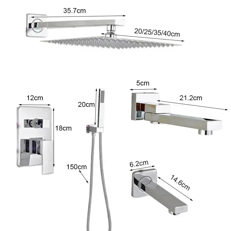 Modern chrome square shower faucet set with rain head, handheld wand, square wall plate, spout on Tampa Home & Garden Store