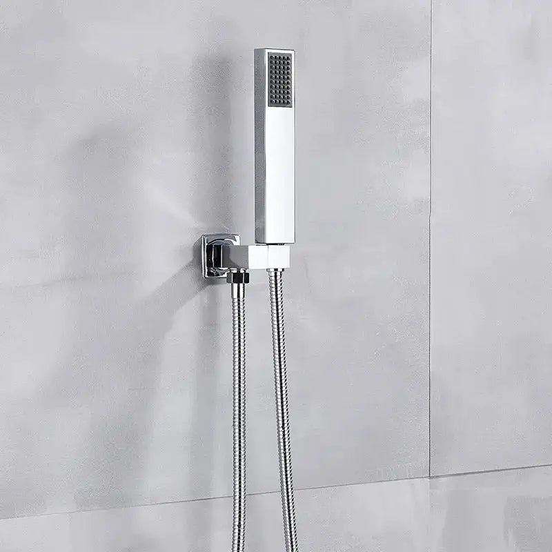 Modern chrome square shower faucet set with handheld shower and flexible hose by Decorbites on Tampa Home & Garden Store