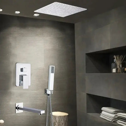 Modern chrome square shower faucet set with rain ceiling showerhead and handheld sprayer on Tampa Home & Garden Store