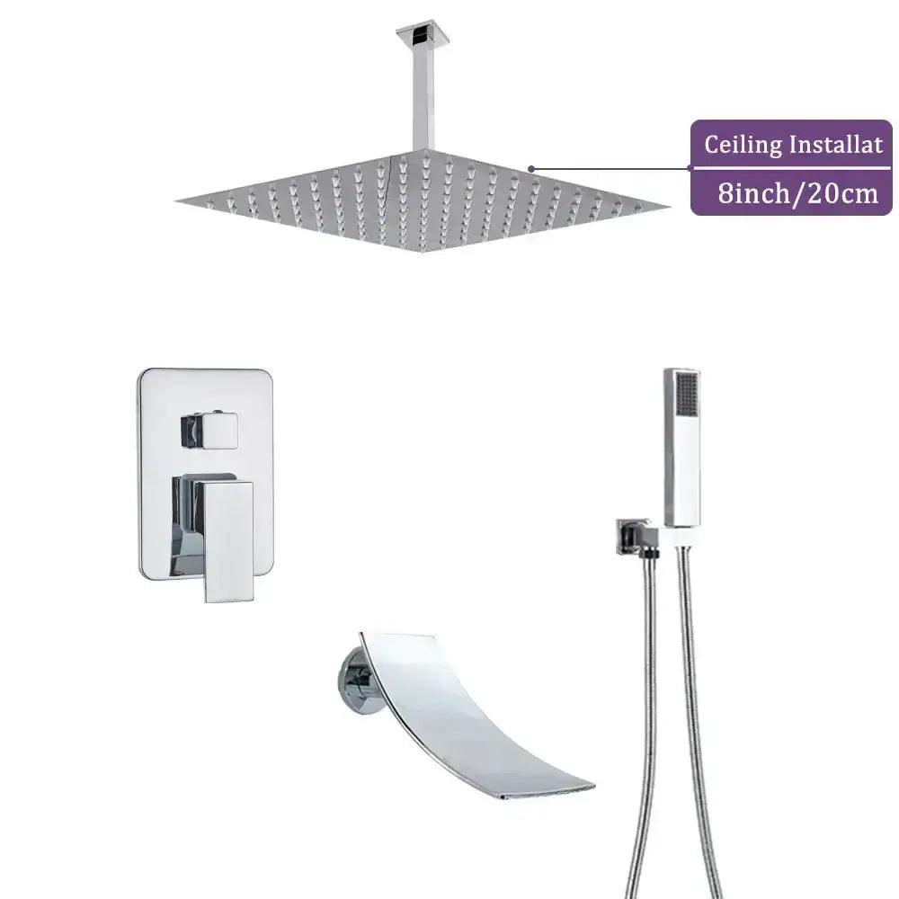Decorbites modern chrome square shower faucet set with 8in rain head, handheld shower on Tampa Home & Garden Store
