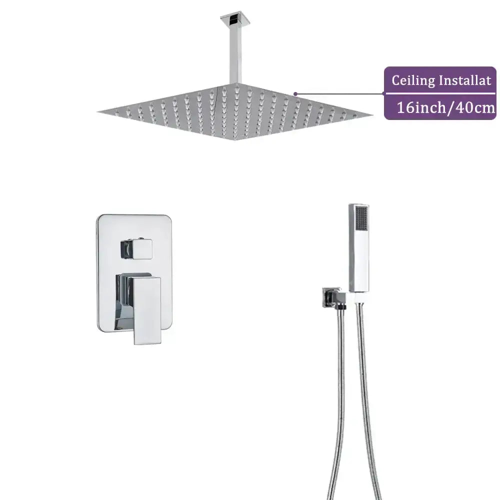 Decorbites modern chrome square shower faucet set with ceiling rain head and handheld shower on Tampa Home & Garden Store