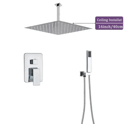 Decorbites modern chrome square shower faucet set with ceiling rain head and handheld shower on Tampa Home & Garden Store