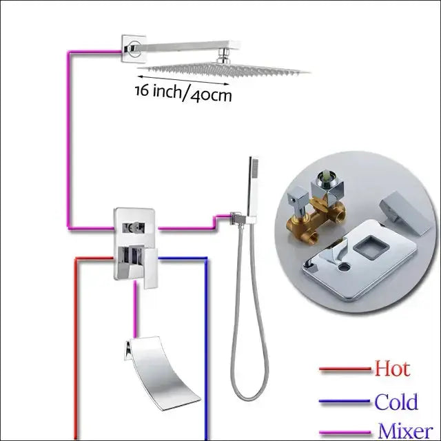 Chrome square shower faucet set with 16in rain showerhead, wall mixer, handheld shower Decorbites on Tampa Home & Garden Store