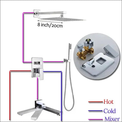 Chrome square shower faucet set with 8 inch rain showerhead, handheld shower, and wall mixer on Tampa Home & Garden Store