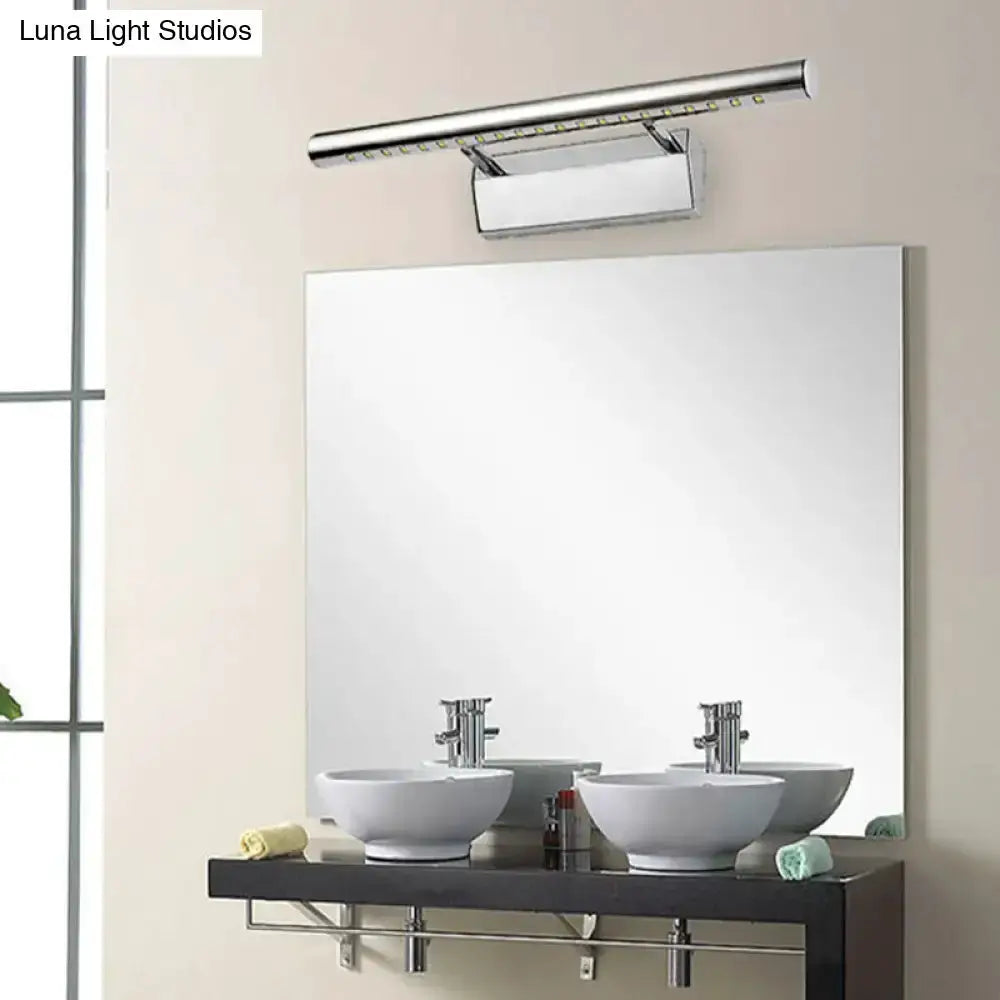 Modern chrome bathroom wall sconce with LED bar above a double-sink vanity Decorbites on Tampa Home & Garden Store