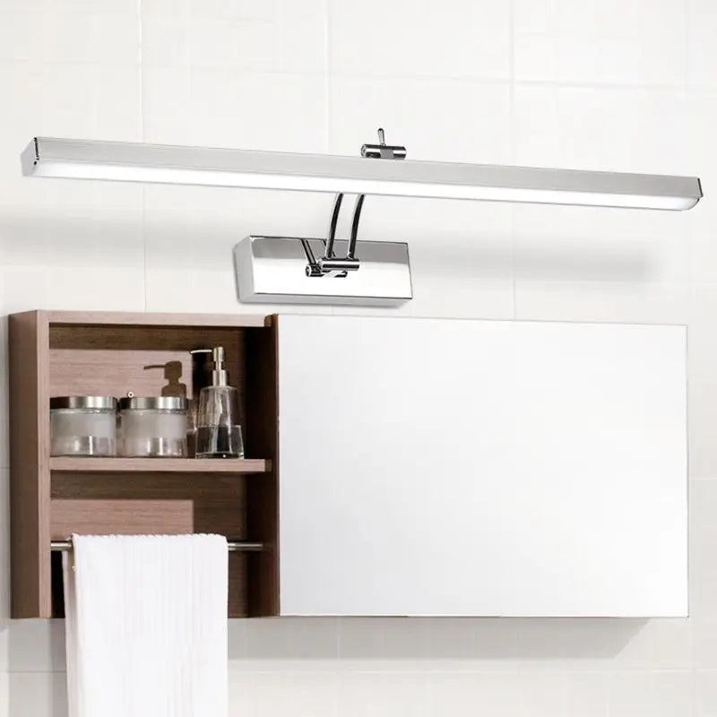 Chrome stick vanity light bar with frosted diffuser, mounted over bathroom mirror on Tampa Home & Garden Store