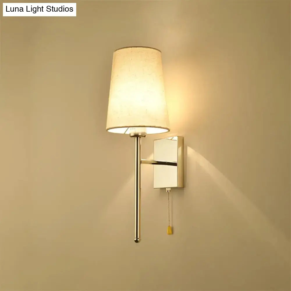 Chrome Fabric Tapered Wall Sconce with cream fabric shade, wall-mount, pull chain yellow tassel on Tampa Home & Garden Store