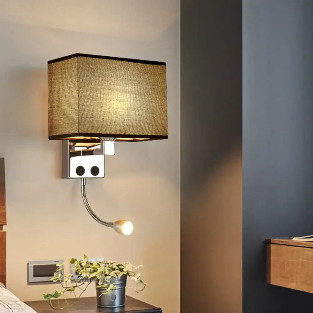 Decorbites Chrome Gooseneck Wall Lamp with beige burlap shade and square chrome wall mount on Tampa Home & Garden Store