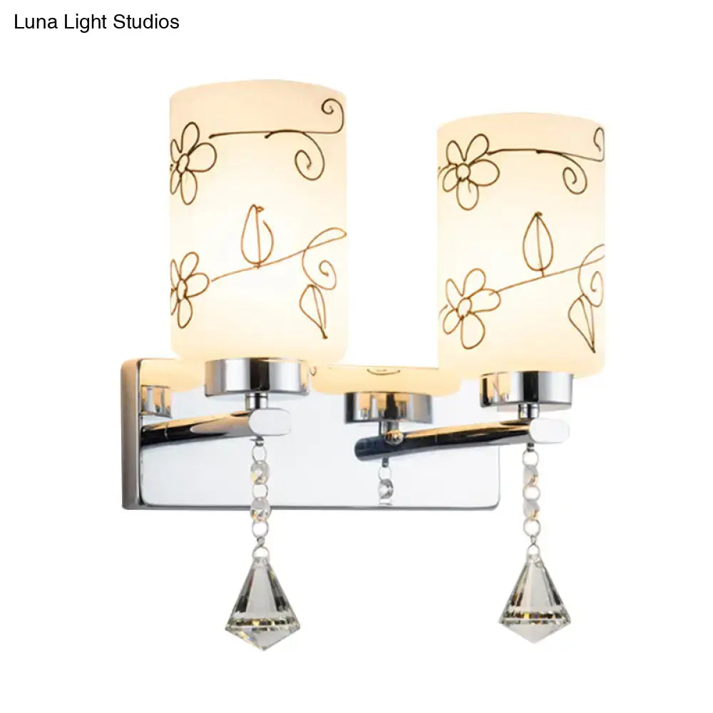 Decorbites chrome glass cylinder floral wall sconce with twin shades and crystal pendants on Tampa Home & Garden Store