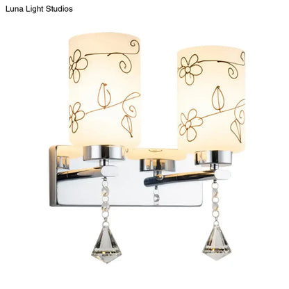 Decorbites chrome glass cylinder floral wall sconce with twin shades and crystal pendants on Tampa Home & Garden Store