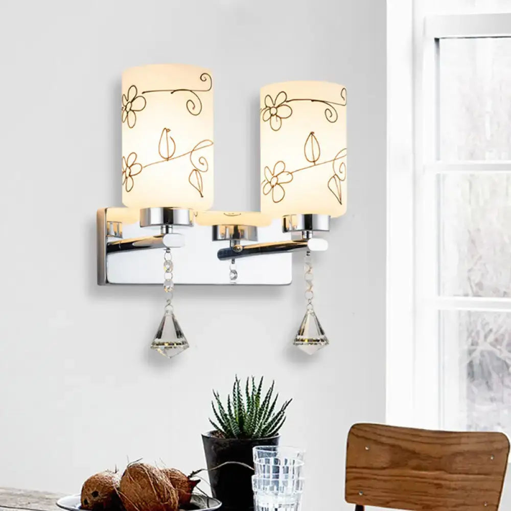 Chrome glass cylinder floral sconce Decorbites, wall-mount with crystal prisms on Tampa Home & Garden Store