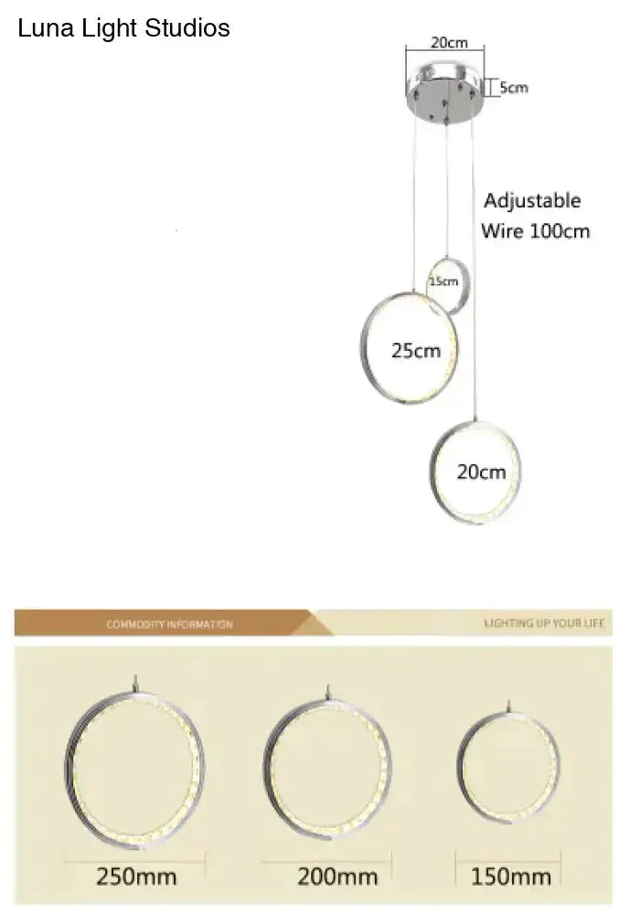 Modern circle LED crystal pendant light with 3 hanging rings on adjustable 100cm wires chrome on Tampa Home & Garden Store