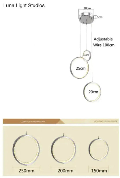 Modern circle LED crystal pendant light with 3 hanging rings on adjustable 100cm wires chrome on Tampa Home & Garden Store