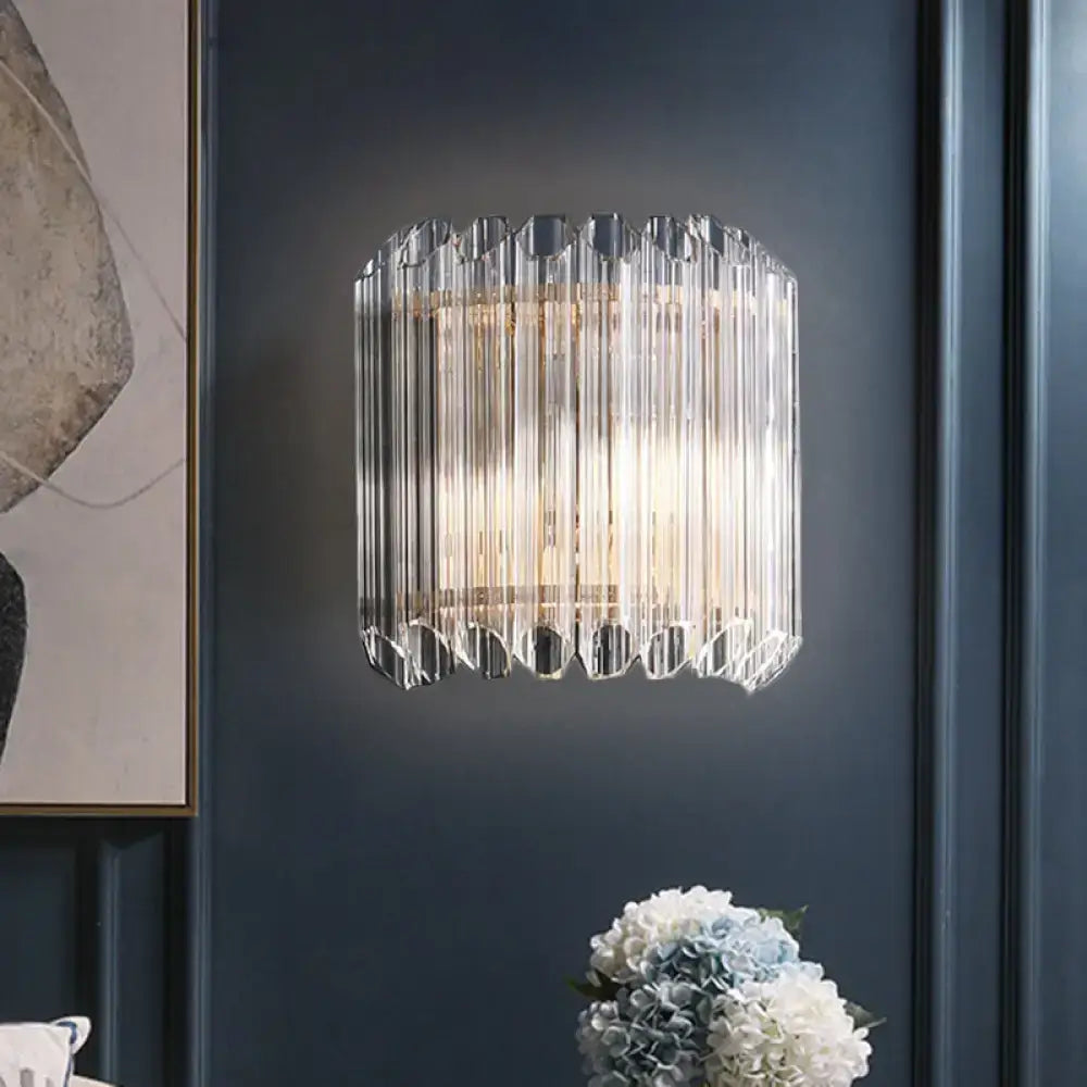 Clear Crystal Half-Drum Wall Sconce with vertical prisms and warm glow Decorbites on Tampa Home & Garden Store