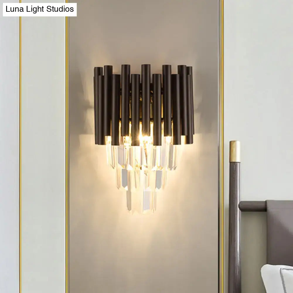 Coffee Crystal Double Sconce by Decorbites with black metal tubes and hanging crystal prisms on Tampa Home & Garden Store