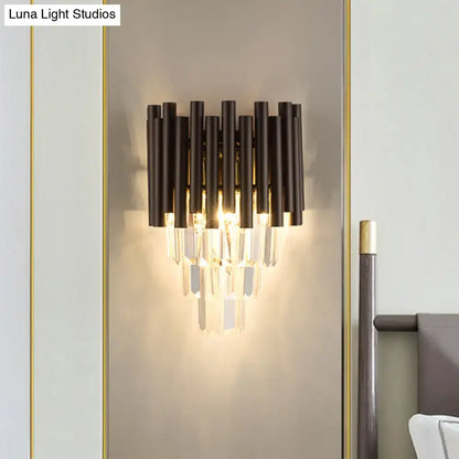 Coffee Crystal Double Sconce by Decorbites with black metal tubes and hanging crystal prisms on Tampa Home & Garden Store