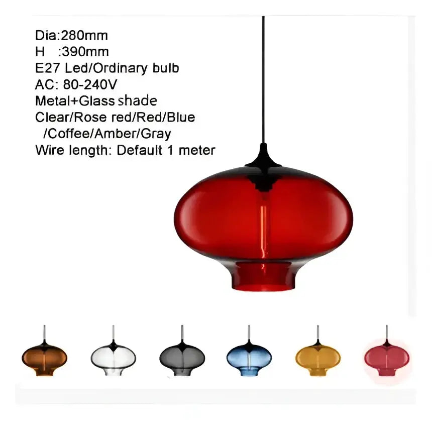Decorbites red glass bowl pendant light with black canopy and cord; seven color options shown on Tampa Home & Garden Store