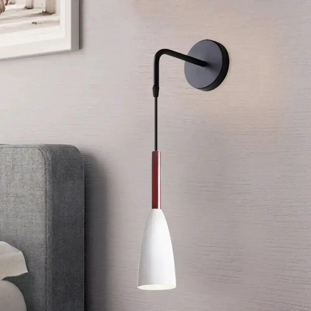 Modern conical black wall lamp with curved arm, white cone shade, red stem, single bulb fixture on Tampa Home & Garden Store