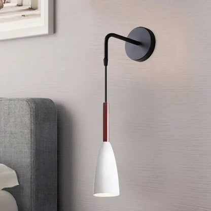 Modern conical black wall lamp with curved arm, white cone shade, red stem, single bulb fixture on Tampa Home & Garden Store