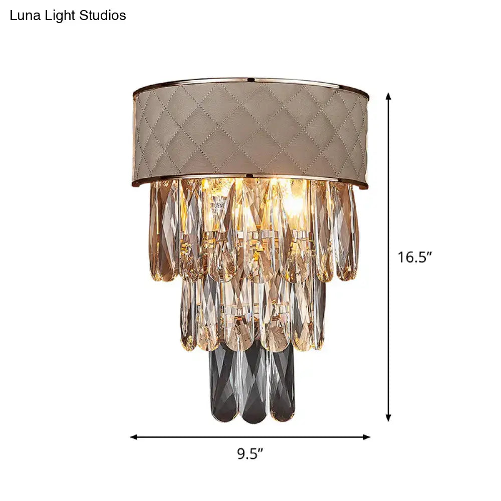 Cream Crystal Prism Cast Iron Lamp with a quilted shade and amber crystal prisms on Tampa Home & Garden Store