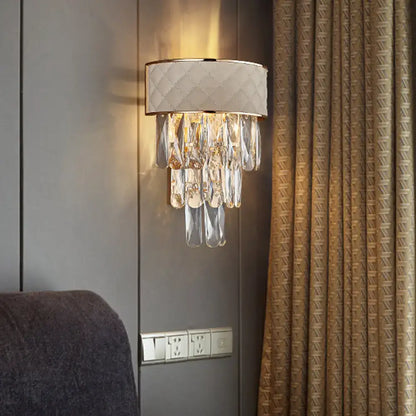 Cream crystal prism cast iron lamp wall sconce with quilted cream shade and hanging prisms on Tampa Home & Garden Store