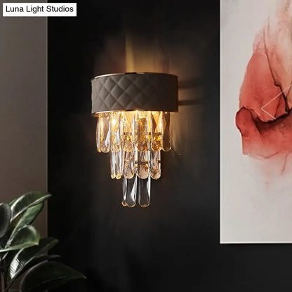 Cream Crystal Prism Cast Iron Lamp sconce with dark shade and hanging crystal prisms Decorbites on Tampa Home & Garden Store