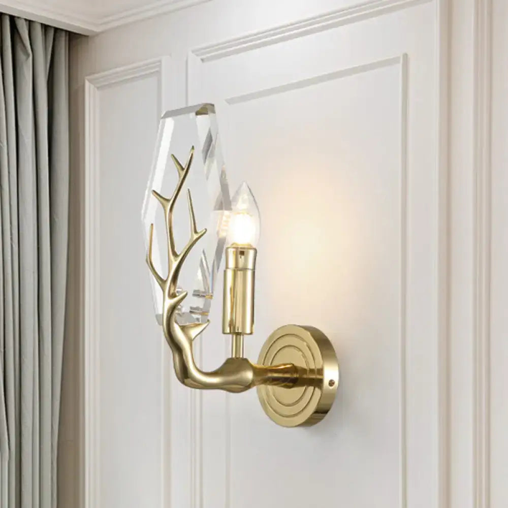 Gold crystal hexagonal wall sconce with brass branch arm and candle bulb Decorbites on Tampa Home & Garden Store