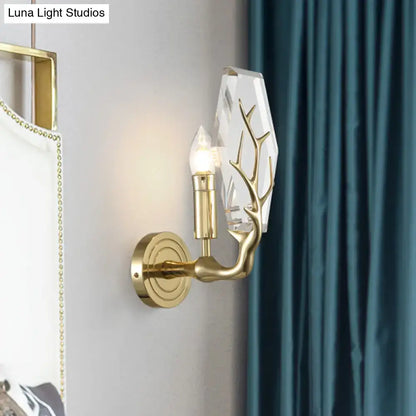 Gold crystal hexagonal wall sconce with brass branch arm and candle bulb Decorbites on Tampa Home & Garden Store
