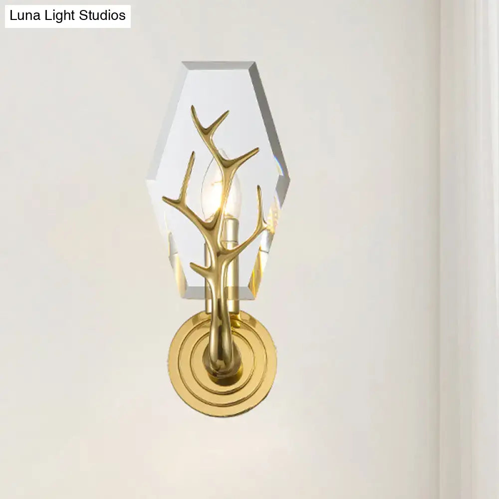 Gold crystal hexagonal wall sconce with antler motif by Decorbites on Tampa Home & Garden Store