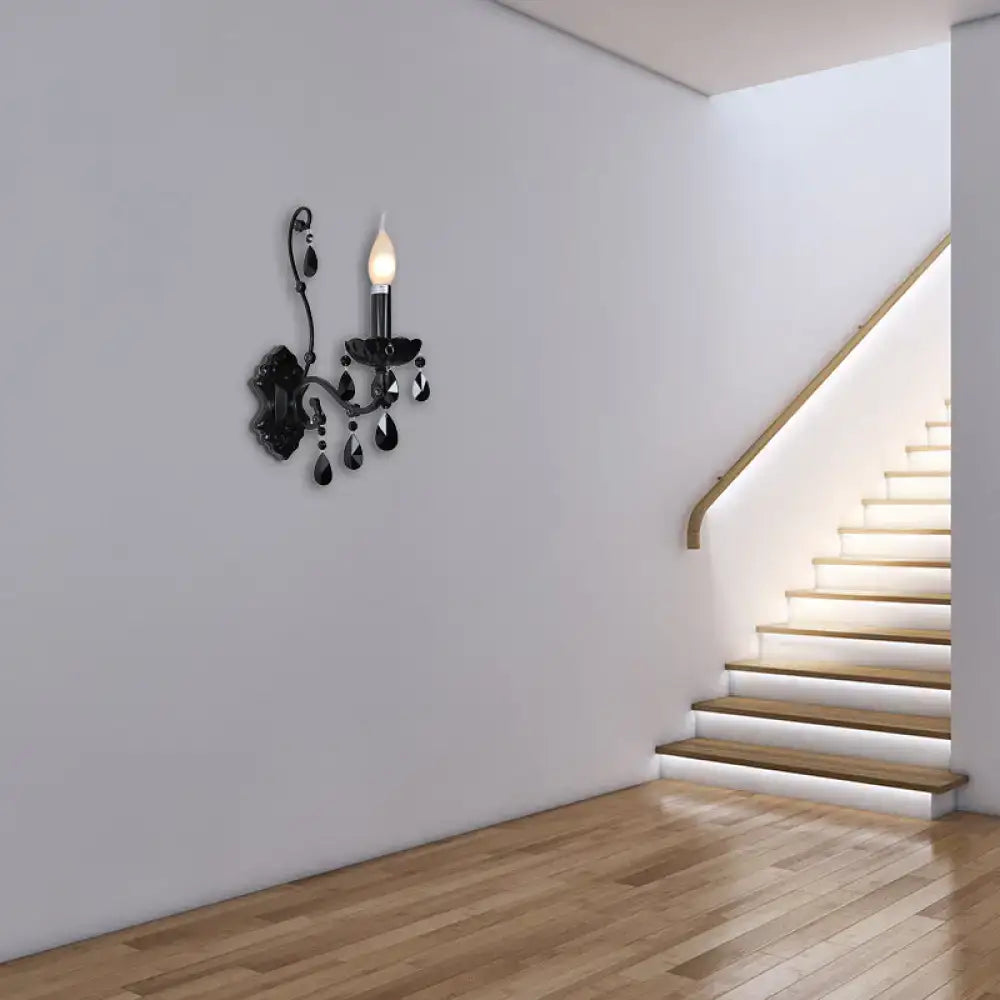 Black crystal wall sconce with cast iron shade, candle bulb, hanging crystals Decorbites on Tampa Home & Garden Store