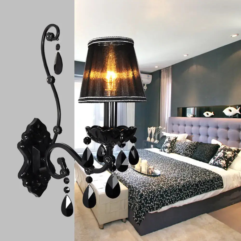 Black crystal wall sconce with cast iron shade; chandelier style in Tampa Home & Garden Store on Tampa Home & Garden Store