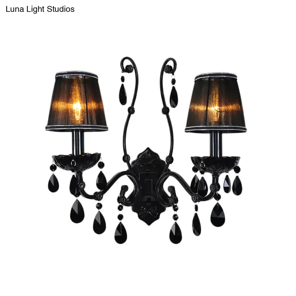 Black crystal wall sconce with cast iron; two lamps, hanging teardrop crystals, Decorbites on Tampa Home & Garden Store