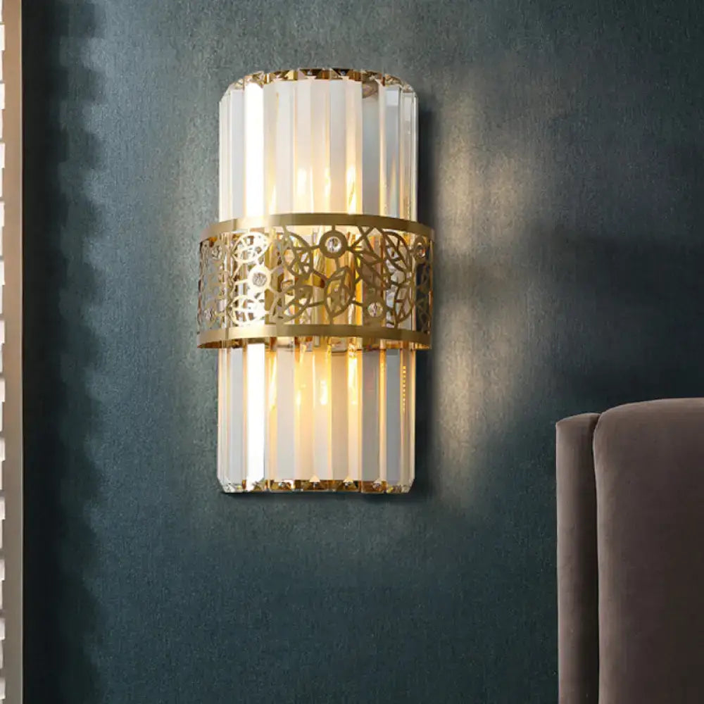 Brass crystal wall light for study by Decorbites; cutout band with glass prisms, warm glow on Tampa Home & Garden Store